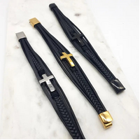 Stainless Steel Leather Cross Bracelet - Gold