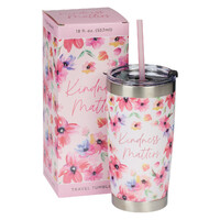 Stainless Steel Travel Mug With Straw: Kindness Matters, Pink Floral (532 Ml)