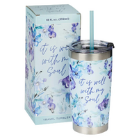 Stainless Steel Travel Mug With Straw: It is Well With My Soul, Blue/Purple Posies