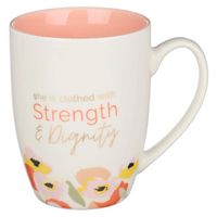 Ceramic Mug: Strength & Dignity, Floral, Peach Inside (355ml)