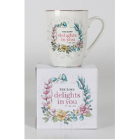 Ceramic Mug: The Lord Delights in You Floral, Pink Inside (355ml)