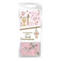 Communion Crystal (Pink) Rosary with Prayer Card