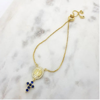 Gold Bracelet w/Miraculous Medal & Dark Blue Cross