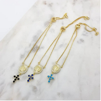 Gold Bracelet w/Miraculous Medal & Dark Blue Cross