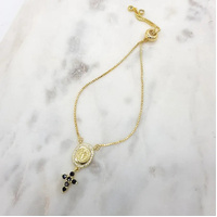 Gold Bracelet w/Miraculous Medal & Black Cross