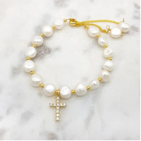 Bracelet Freshwater Pearl w/CZ Cross