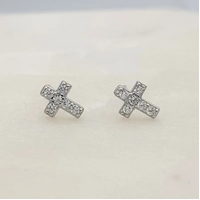 Sterling Silver Earrings Cubic Zirconias Cross Studs