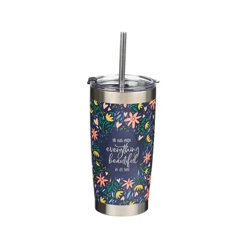 Stainless Steel Tumbler: Everything Beautiful (Ecc. 3:11) Navy Floral