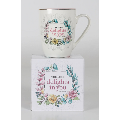 Ceramic Mug: The Lord Delights in You Floral, Pink Inside (355ml)