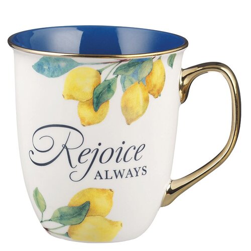 Ceramic Mug: Rejoice Always, Sweet Summertime Lemons, Blue/Yellow