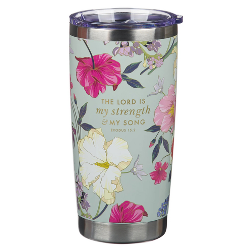 Stainless Steel Tumbler: Strength, Exodus 15:2, Teal floral