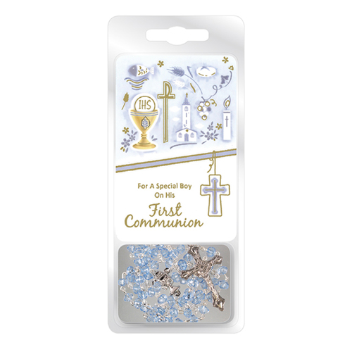 Communion Crystal (Blue) Rosary with Prayer Card