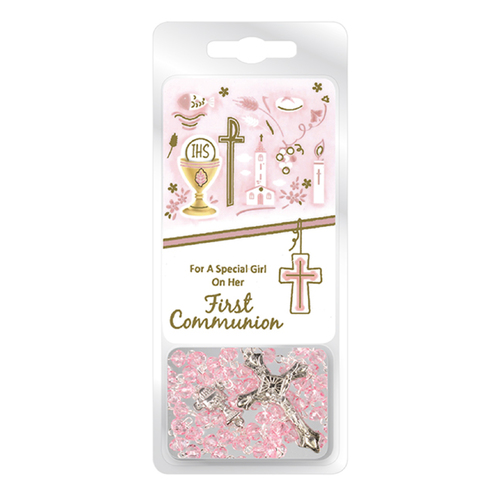 Communion Crystal (Pink) Rosary with Prayer Card