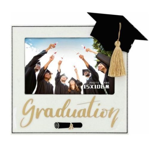 Graduation Photo Frame White w/3D Hat & Tassel