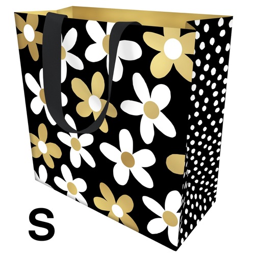 Gift Bag Small - Gold & White Daisies on Black