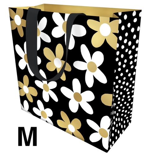 Gift Bag Medium - Gold & White Daisies on Black