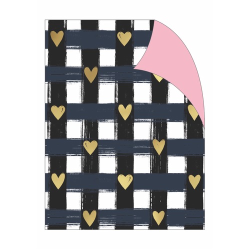 Gift Wrap - Gold Hearts Black Gingham