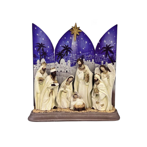 Nativity Set in White w/Blue Background