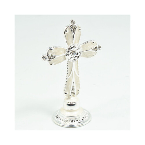 Metal Cross White Cake Topper on Stand