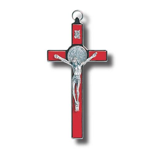 St Benedict Crucifix Red with Silver Edge - 200 x 100mm