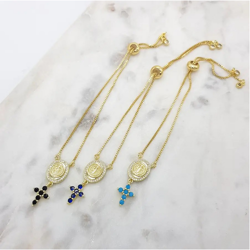 Gold Bracelet w/Miraculous Medal & Dark Blue Cross