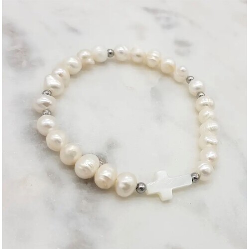 Fresh Water Pearl Bracelet w/Silver Cross & Tulle Bag