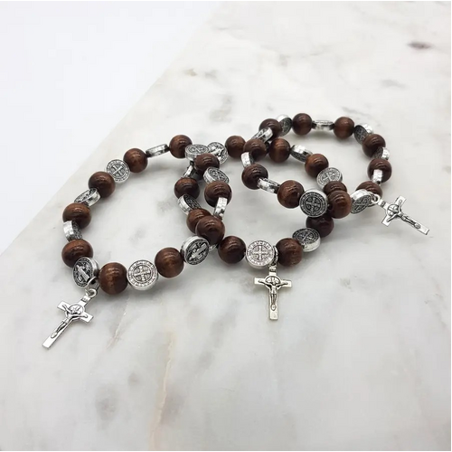 St Benedict Wooden Bracelet in Tulle Bag - Dark Wood