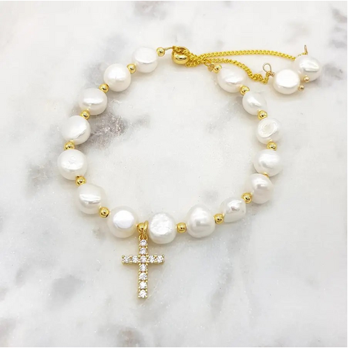 Bracelet Freshwater Pearl w/CZ Cross