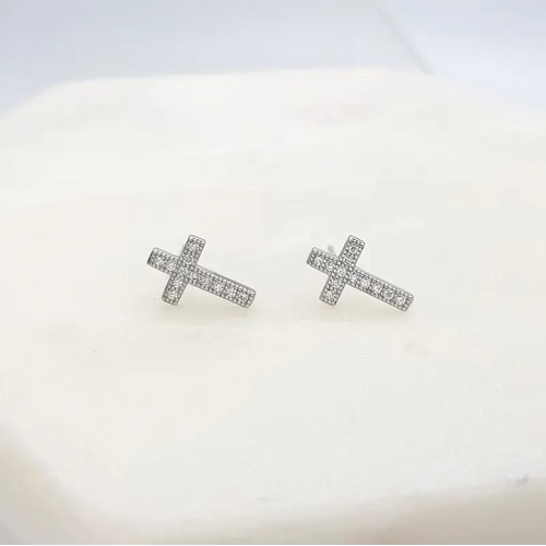 Sterling Silver Earrings Cubic Zirconias Cross Studs