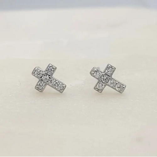 Sterling Silver Earrings Cubic Zirconias Cross Studs