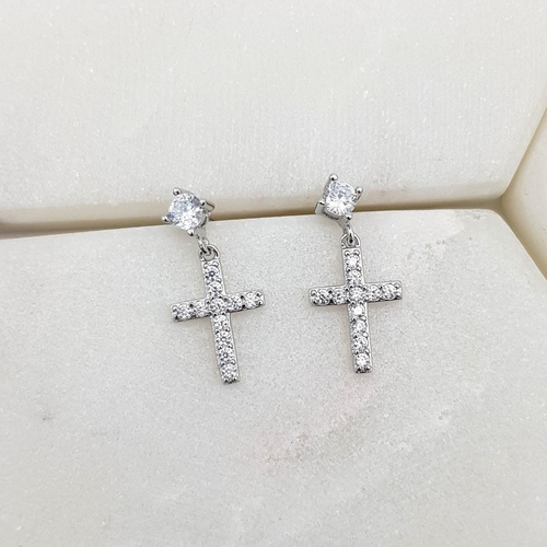 Sterling Silver Earrings Cubic Zirconias Cross Studs