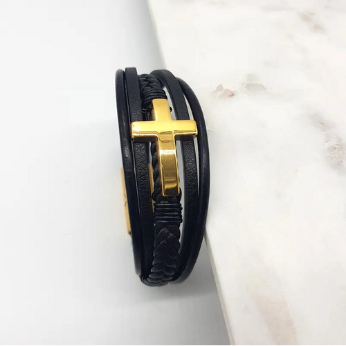 Stainless Steel Leather Cross Bracelet - Gold